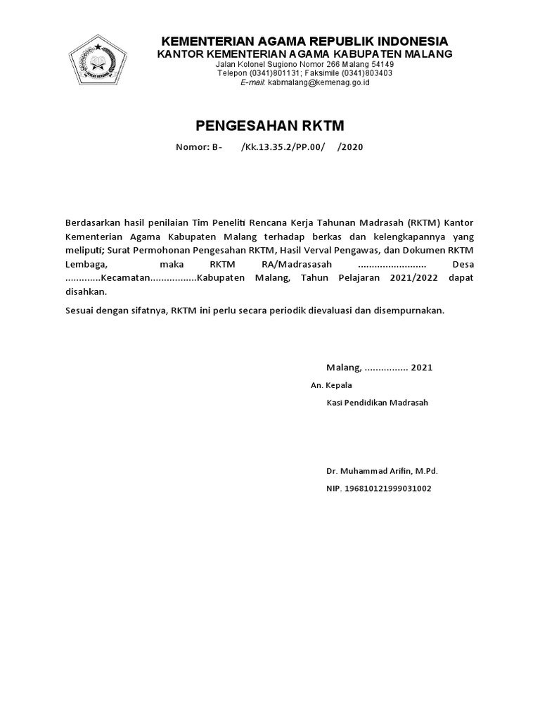 Pengesahan RKTM Madrasah 2021/2022 | PDF