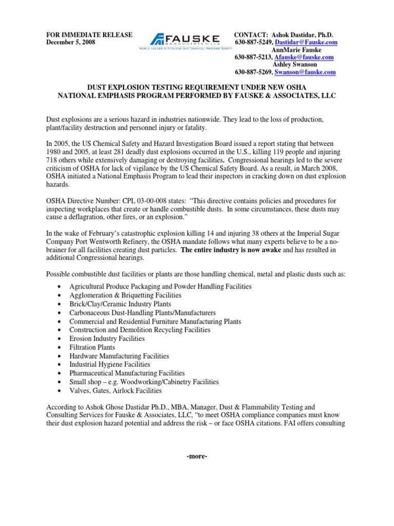 Osha Dust Explosion Testing Requirement Pdf Differential Scanning