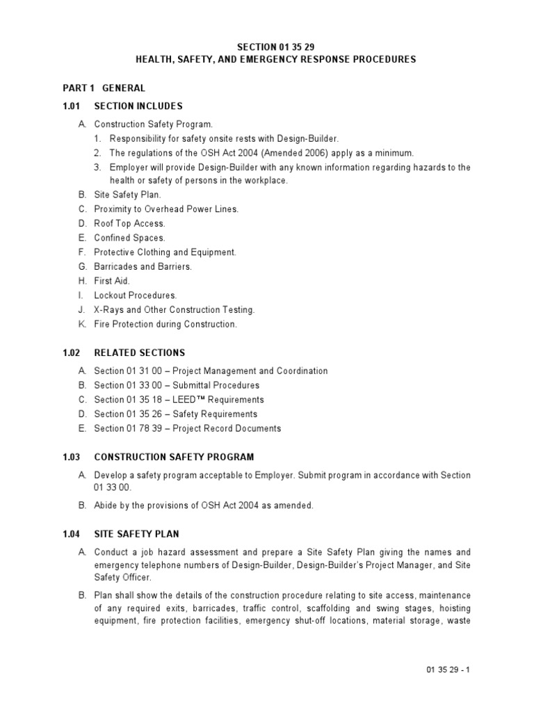 01 35 29 - Health, Safety, and Emergency Response Procedures | PDF ...