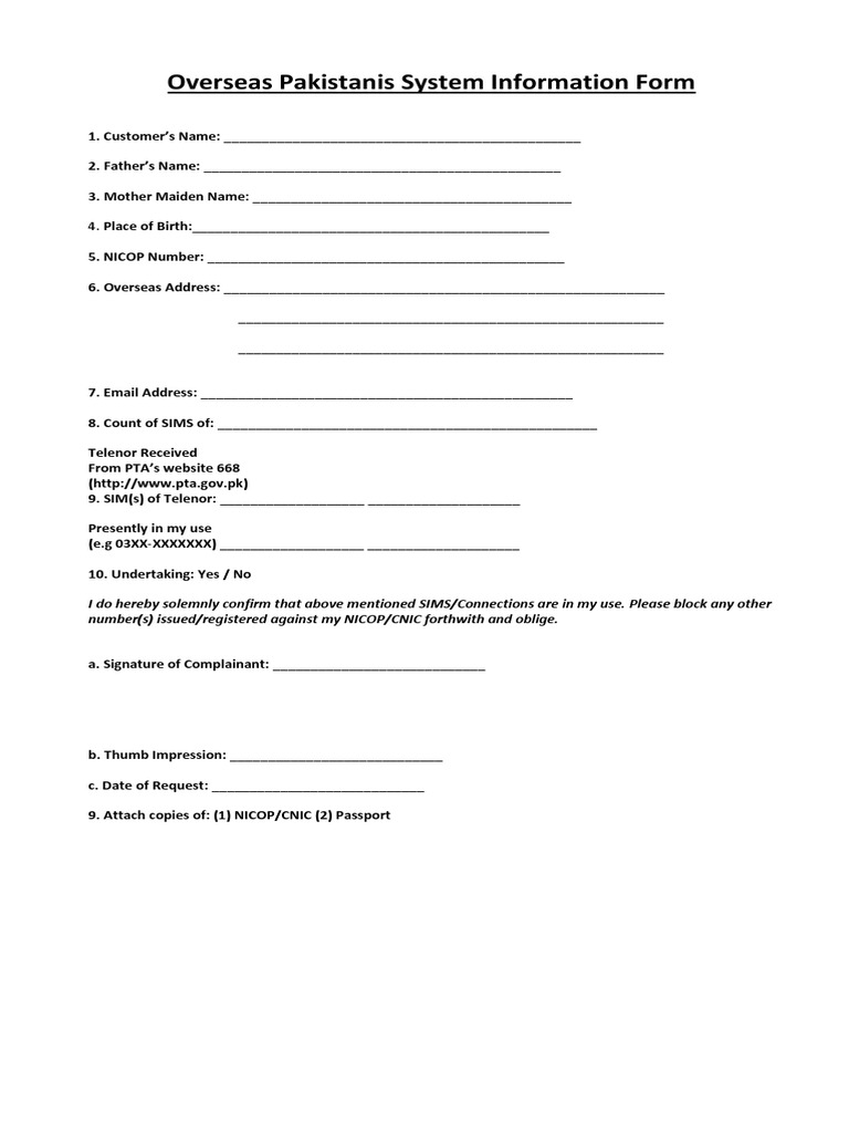 Overseas Pakistanis SIM Information Form | PDF