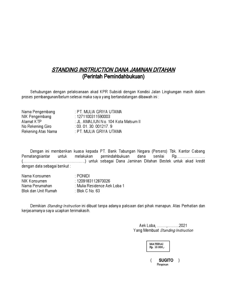 Contoh Standing Instruction KPR BTN | PDF