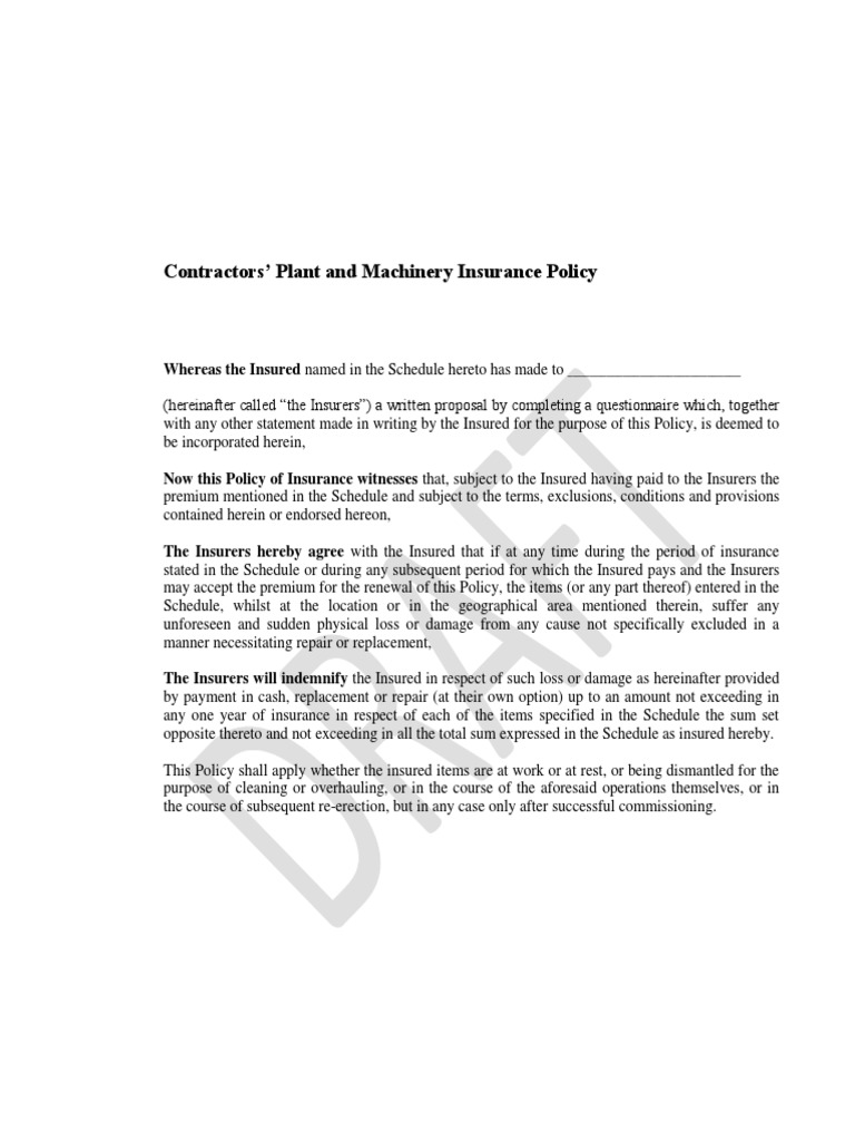 Contractors' Plant and Machinery Policy Wording Download Free PDF