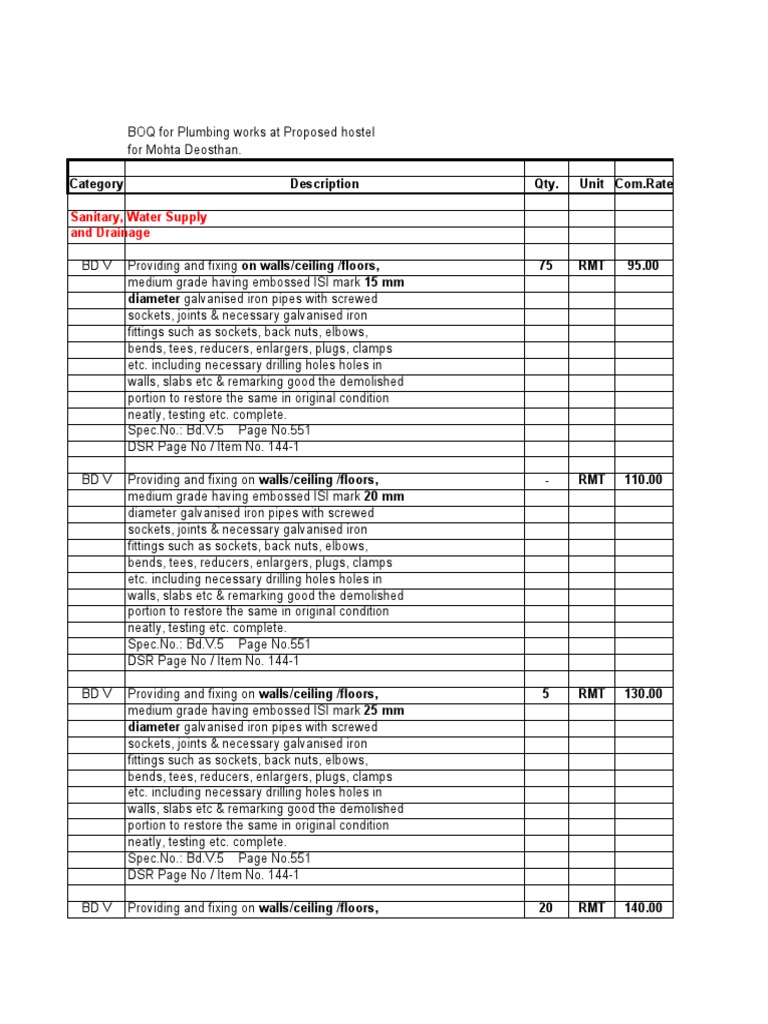 Sample - Plumbing - Boq | PDF | Pipe (Fluid Conveyance) | Civil Engineering