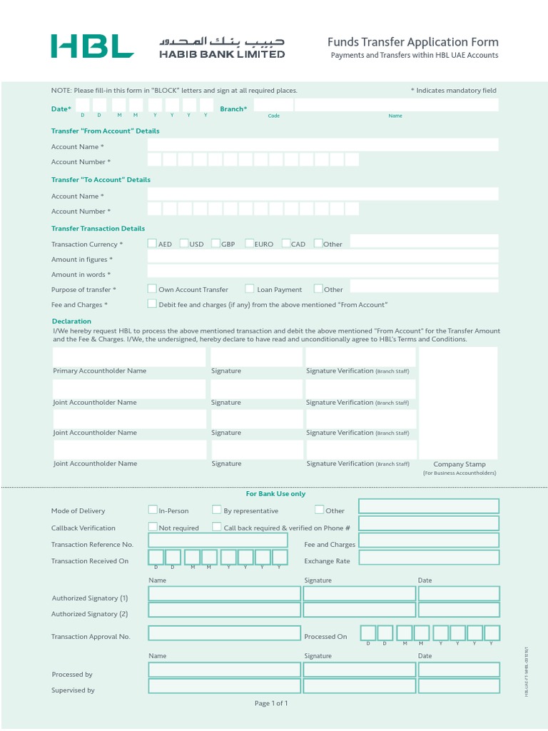 HBL Funds Transfer Application Form | PDF | Signature | Financial ...
