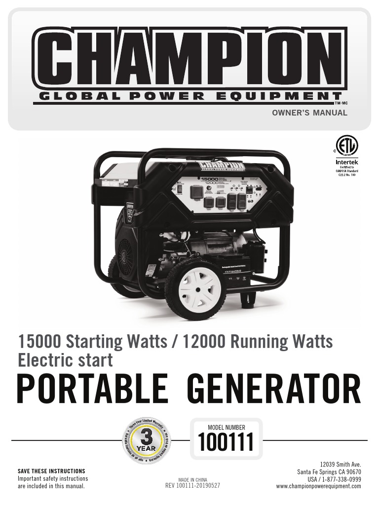 15000 Watt Portable Generator Manual | PDF | Electric Generator ...