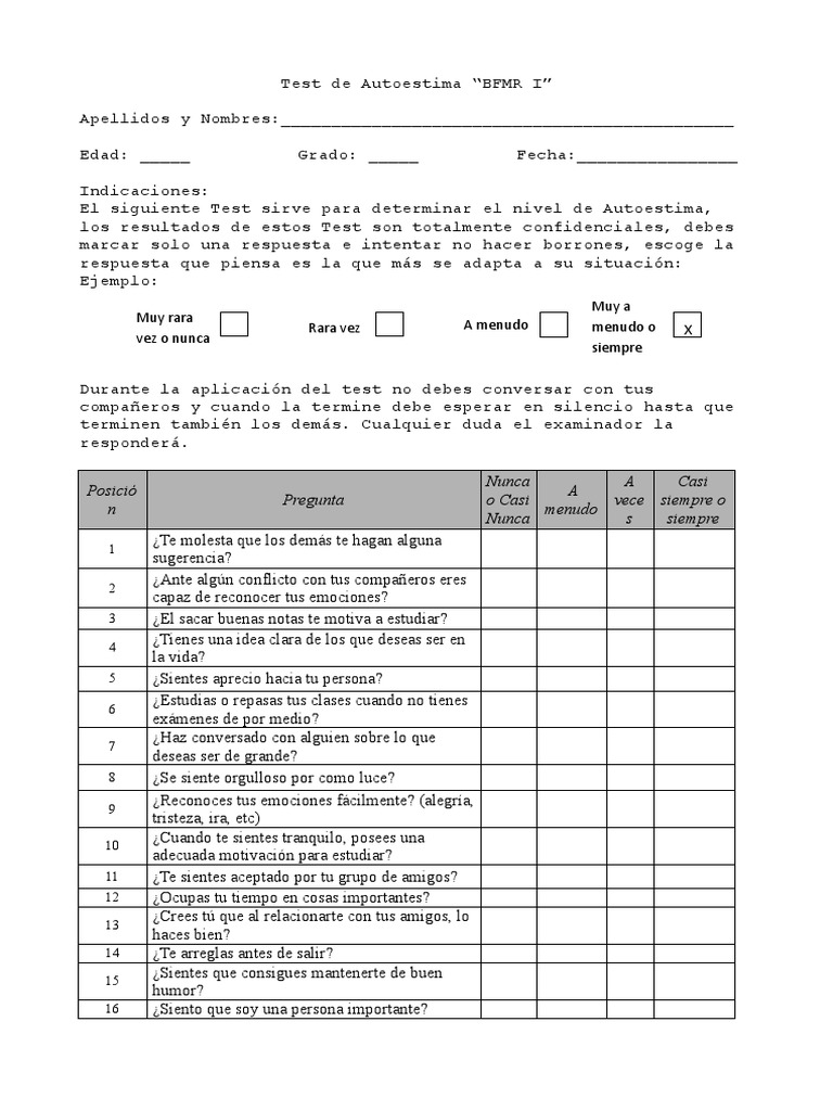 Test de Autoestima para Adolescentes PDF | PDF | Autoestima | Felicidad