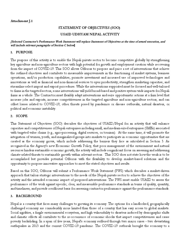 Attachment J.1 Statement of Objectives (Soo) Usaid Udhyam Nepal