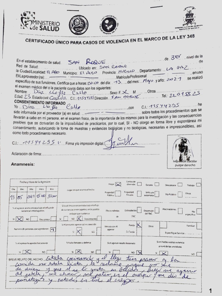 Ejemplo de Certificado de Violencia Ley 348 | PDF