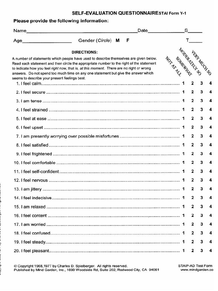 Questionnaire Stai Pdf _ State Trait Anxiety Score Chart – CFIN