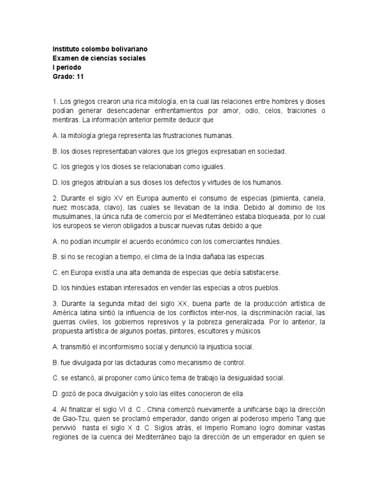 Examen de Ciencias Sociales Grado 11 | PDF | especia | Comercio