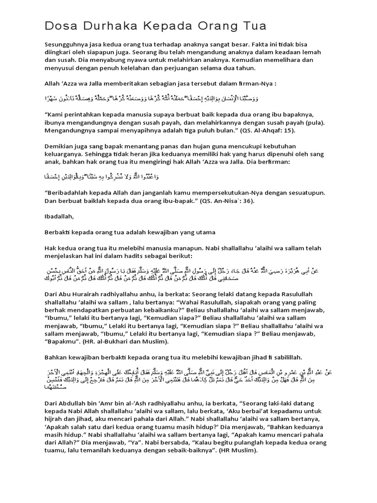 Hadits Nabi tentang durhaka kepada orang tua