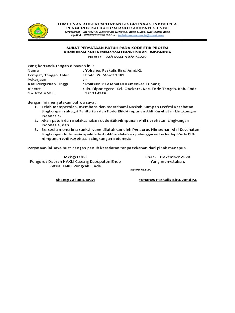 Surat Pernyataan Patuh Etika Profesi | PDF