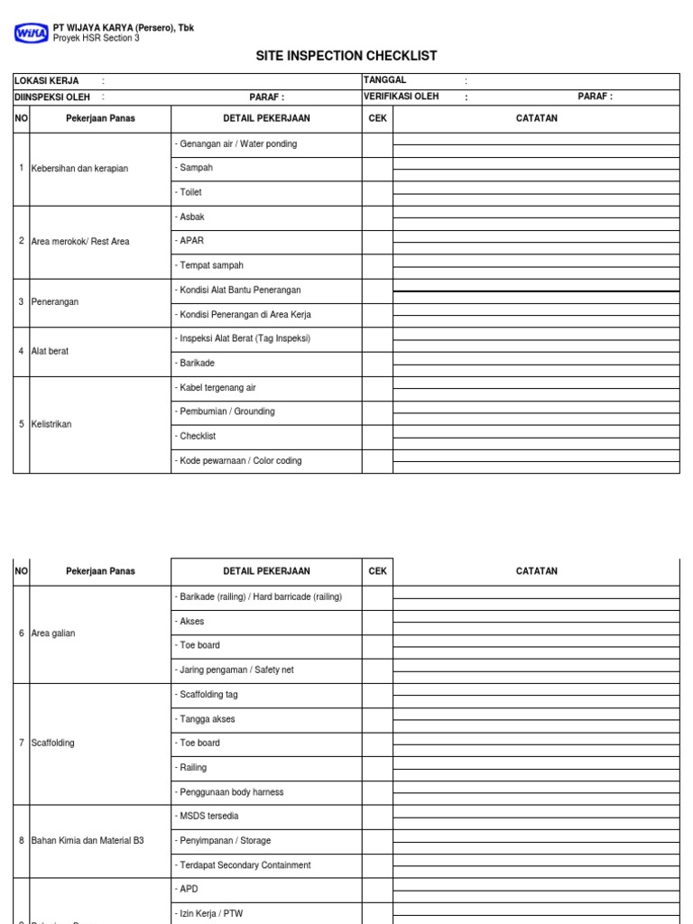 Checklist Inspeksi Situs Proyek HSR | PDF