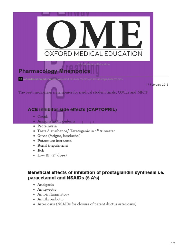 Pharmacology Mnemonics | PDF