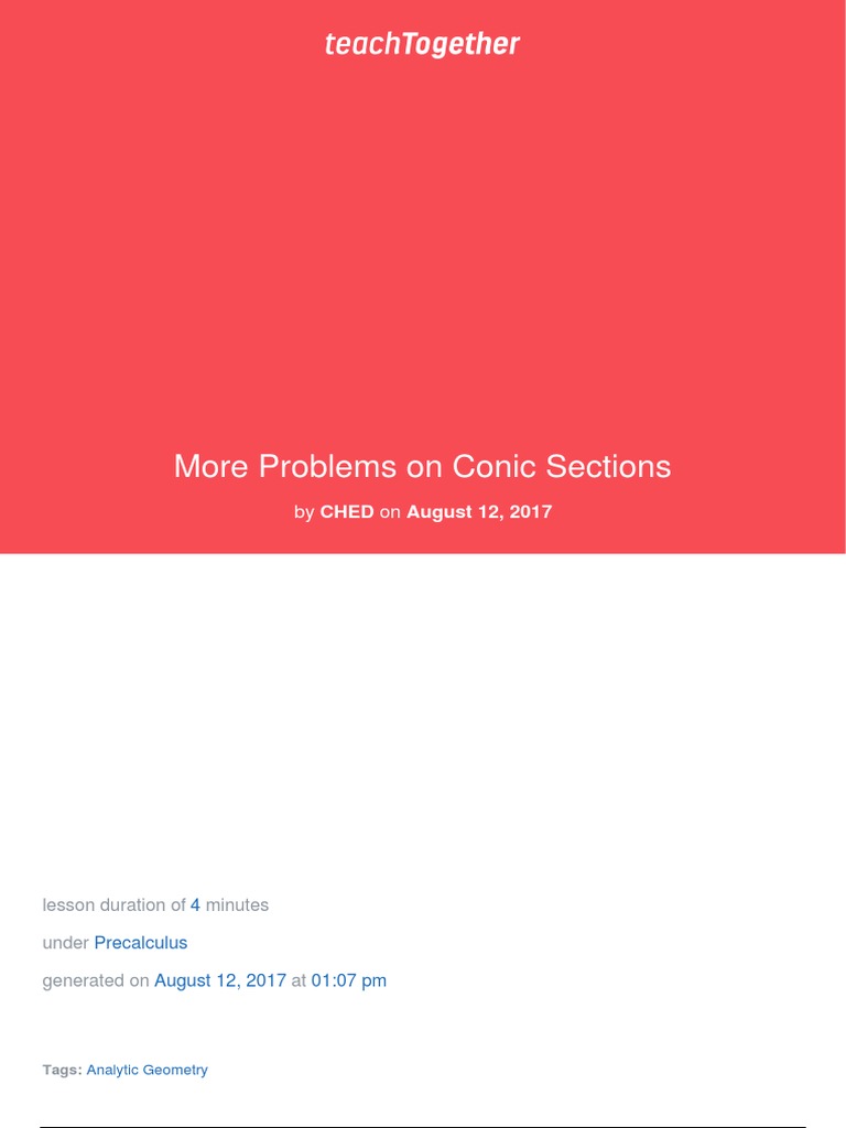 Conic Sections Problem Set | PDF | Ellipse | Analytic Geometry