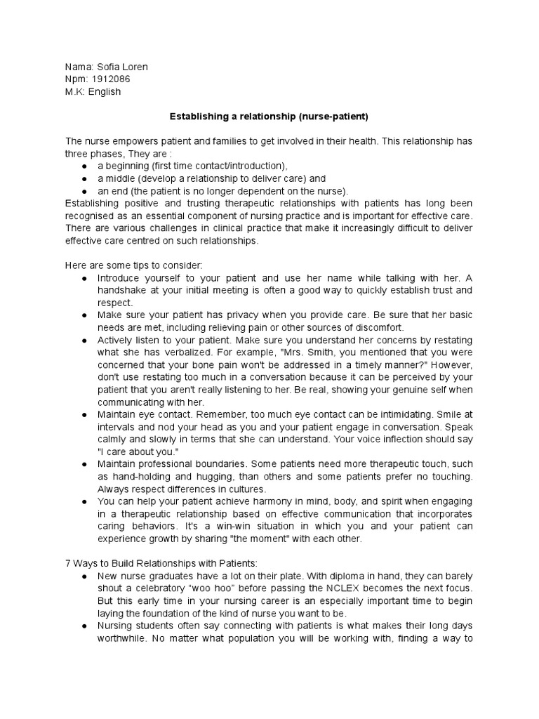 Establishing A Relationship (Nurse-Patient) | PDF | Patient | Nursing