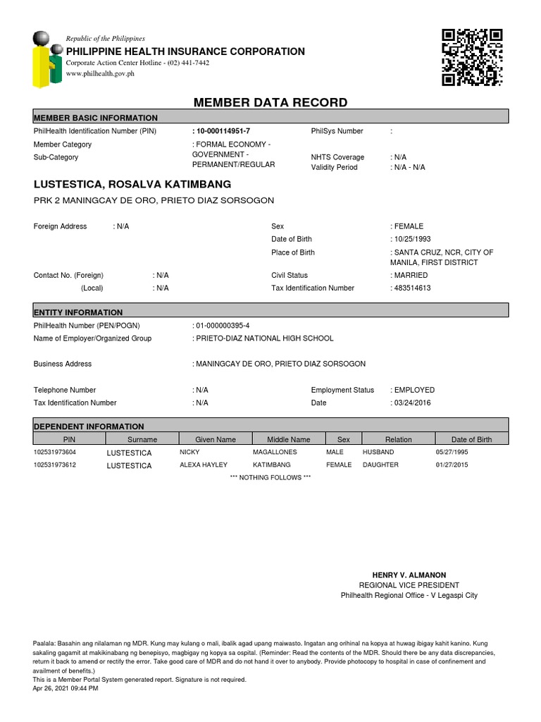 Member Data Record: Lustestica, Rosalva Katimbang | Download Free PDF ...