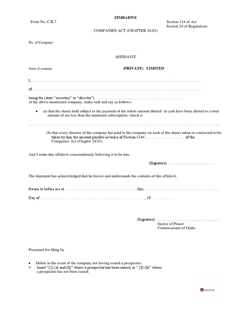 Zimbabwe C.R.7 Affidavit Form | PDF