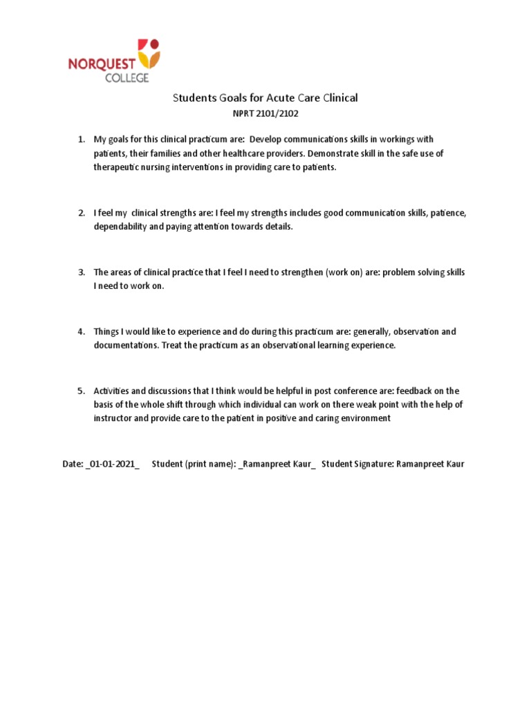 Acute Care Clinical Goals and Reflections | PDF | Career & Growth
