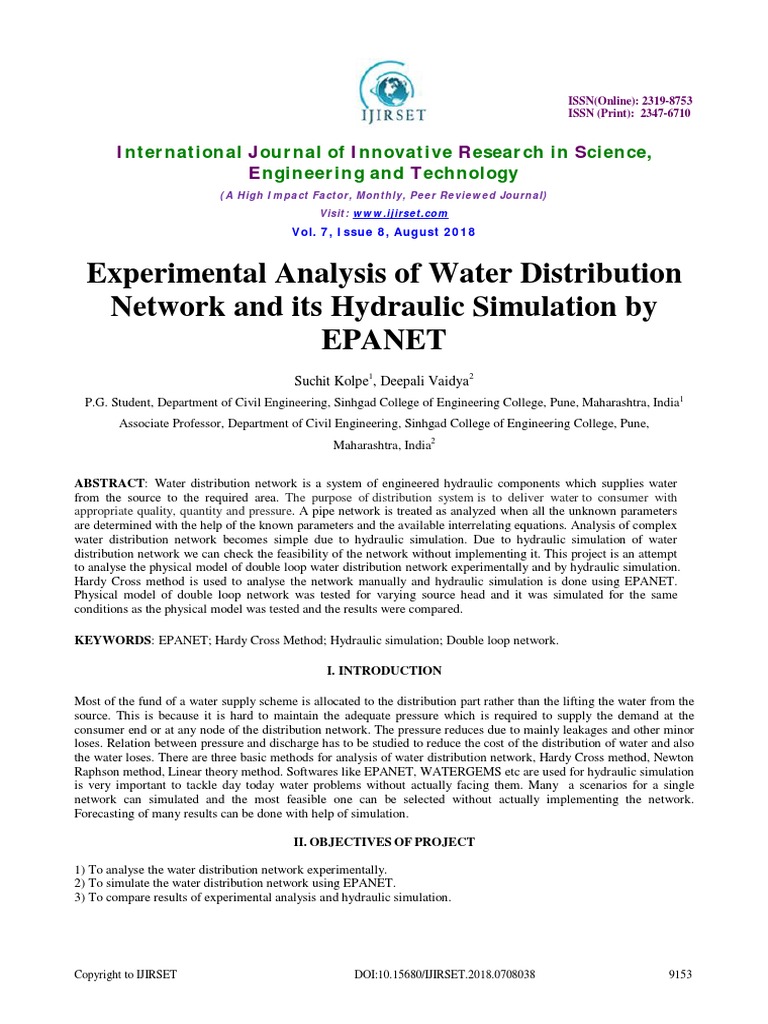 Experimental Analysis of Water Distribution Network and Its Hydraulic ...