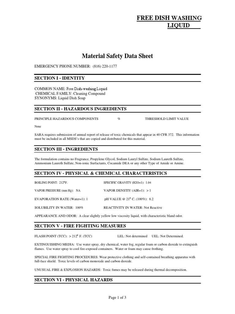Free Dishwashing Liquid MSDS PDF Sodium Firefighting