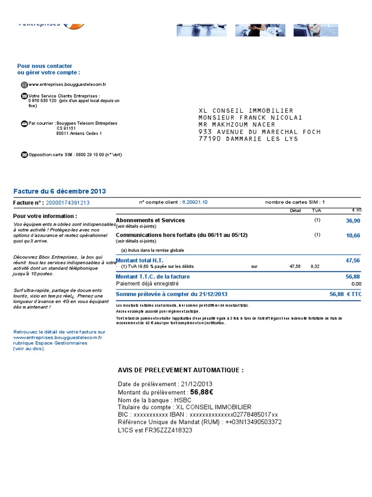 Facture Bouygues Telecom - XL Conseil | PDF | Virement bancaire | Facture
