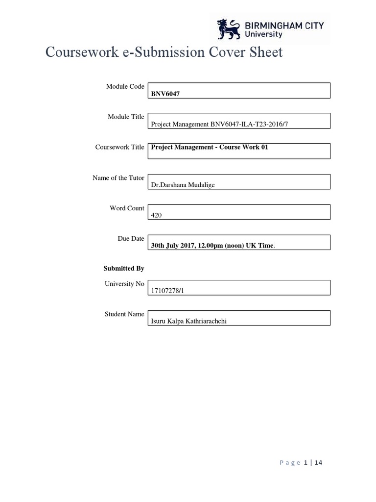 Coursework E-Submission Cover Sheet: Module Code | PDF | Computing And ...