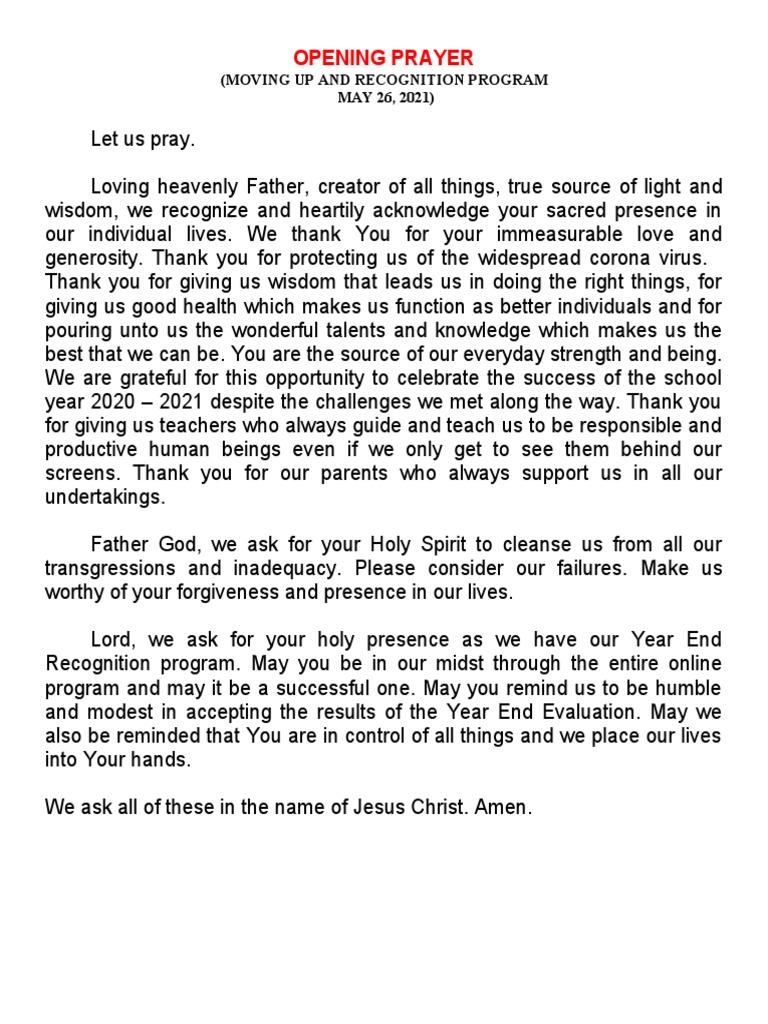 Opening Prayer for Year-End Program | PDF