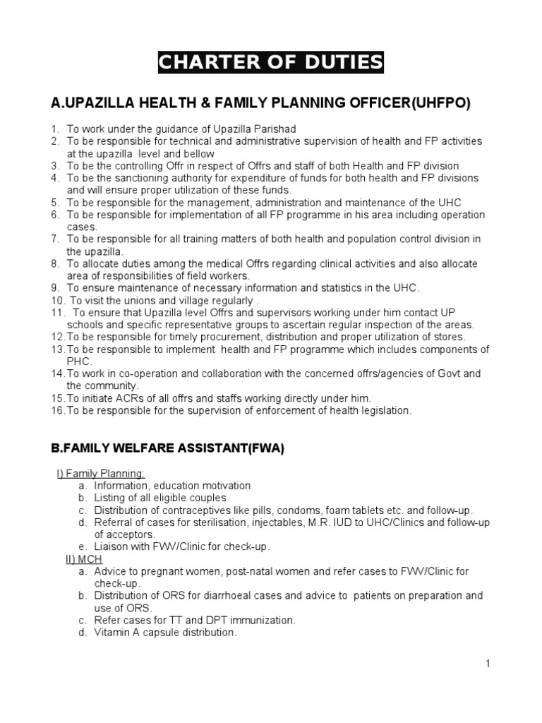Charter of Duties PDF Public Health Family Planning