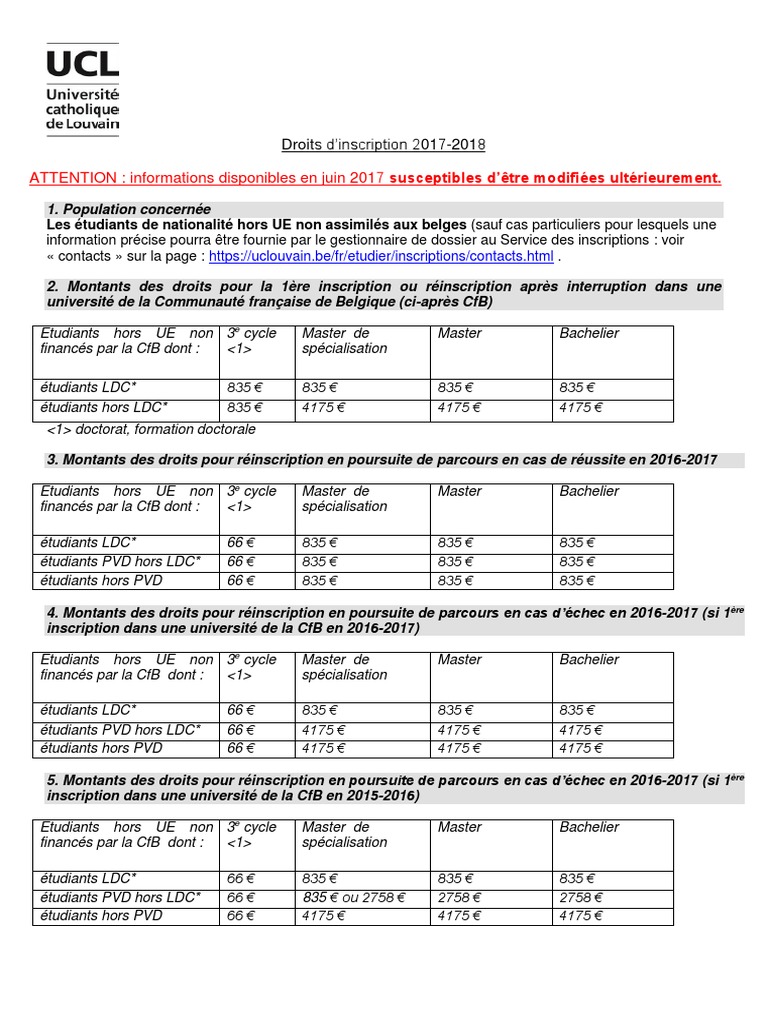 Droits d'inscription UCL 2017-2018 | PDF | Diplôme académique ...