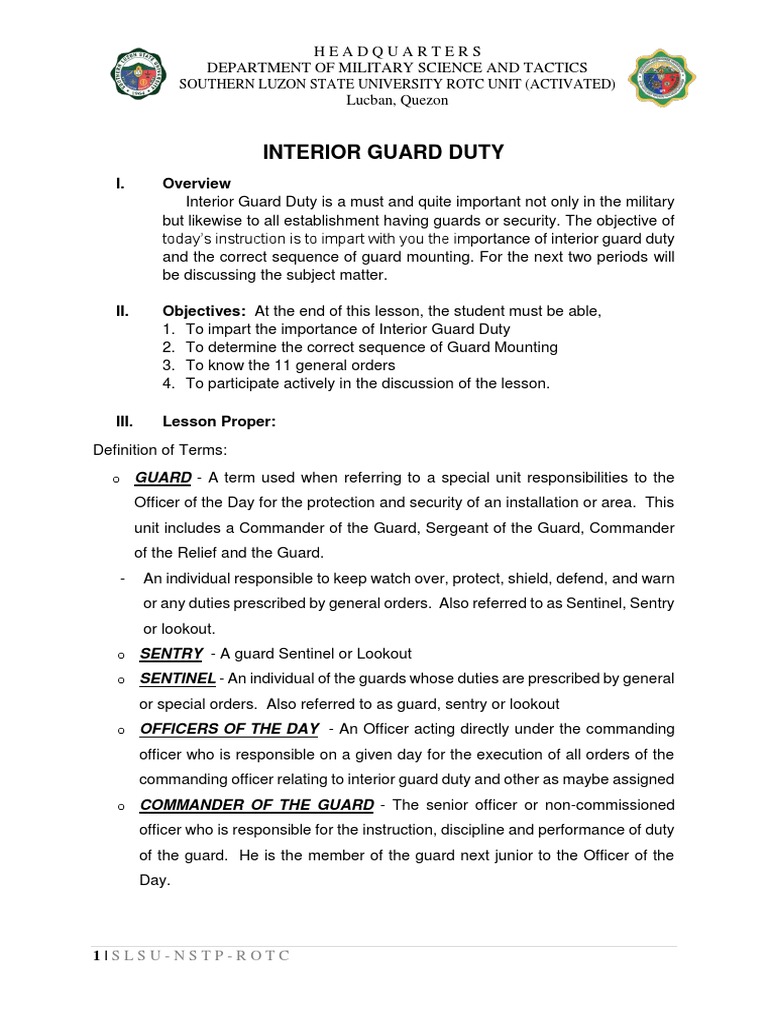 10 Interior Guard Duty PDF Non Commissioned Officer Sergeant
