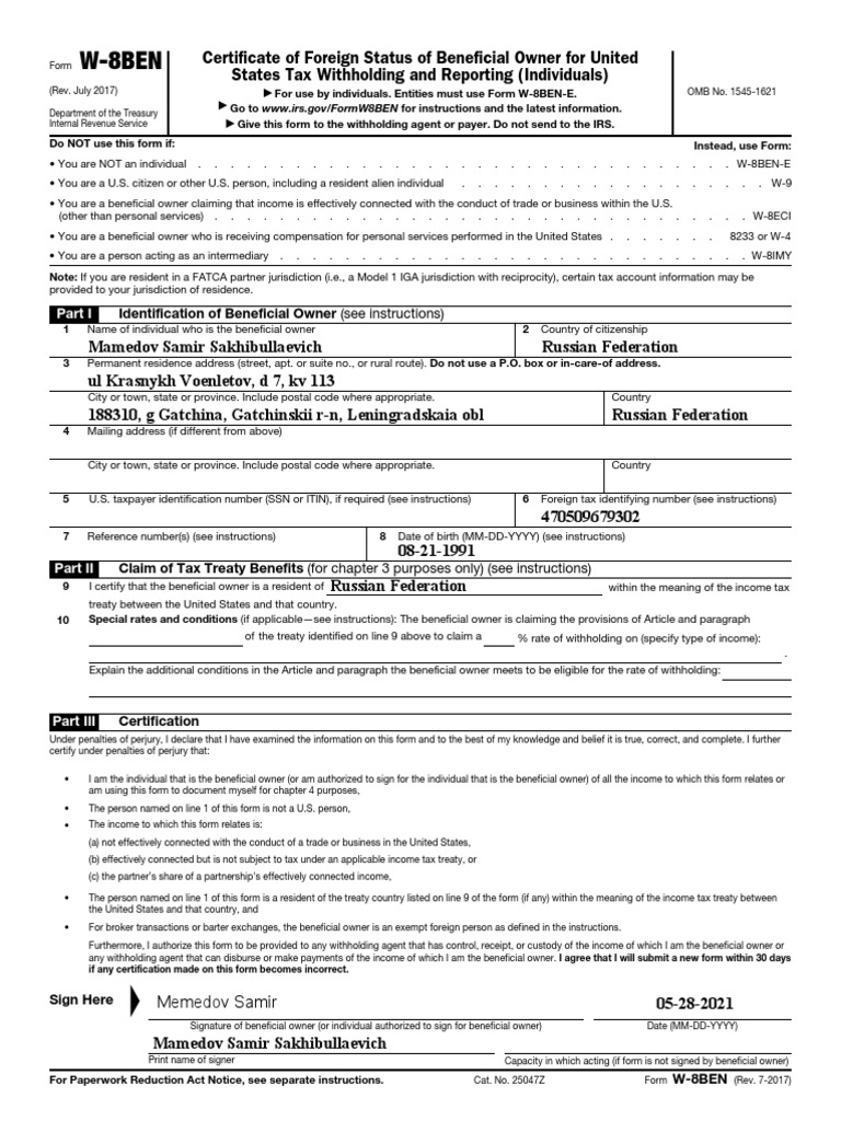 w8 Form | PDF | Government Finances | Taxes