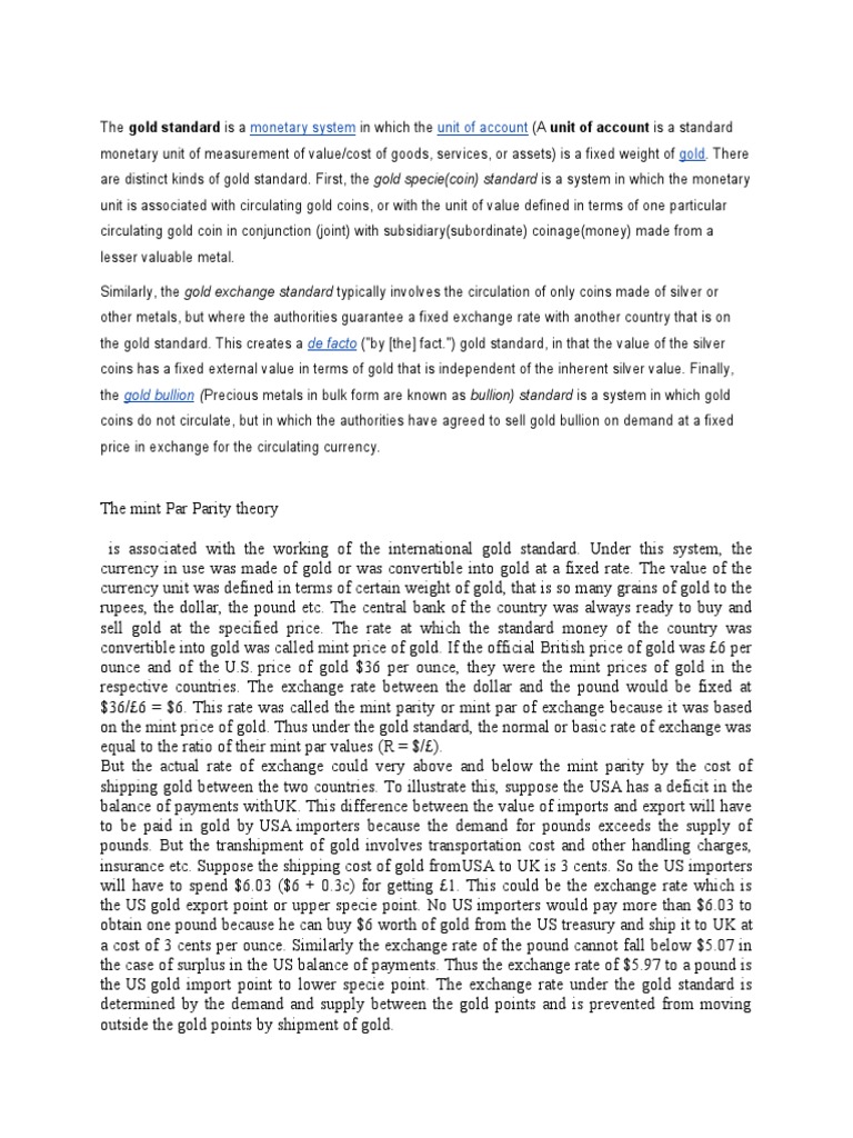 The Mint Par Parity Theory PDF Gold Standard Currency