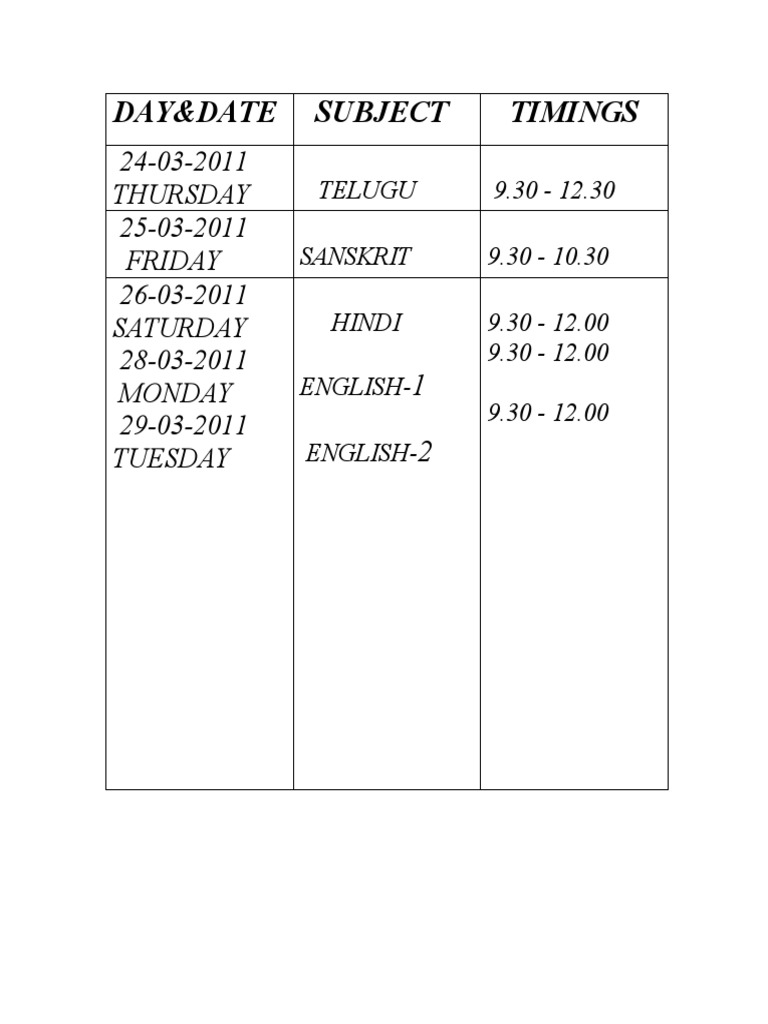 Day&Date Subject Timings | PDF | Sports