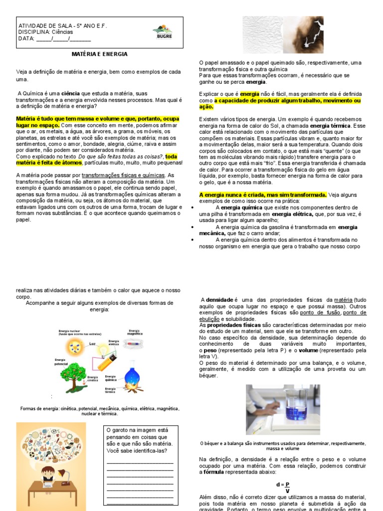 ATIVIDADE DE SALA - 5 Ano - Materia e Energia | PDF | Matéria ...