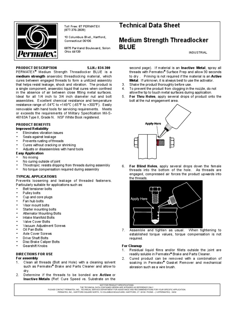 Technical Data Sheet Medium Strength Threadlocker Blue PDF Screw Steel