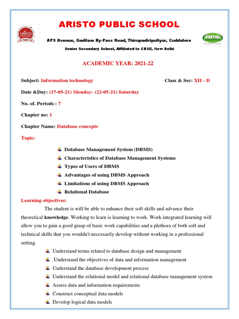 Class 12 DBMS Lesson Plan Overview | PDF | Databases | Relational Database