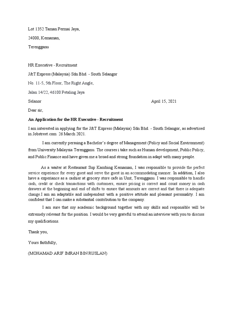 Cover Letter Arif Imran Pdf