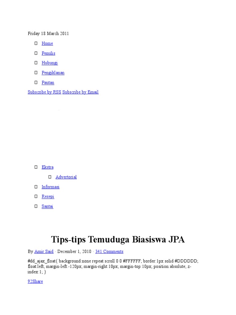 Tips Tips Temuduga Biasiswa Jpa Home Penulis Hubungi Pengiklanan Pautan Subscribe By Rss Subscribe By Email Pdf