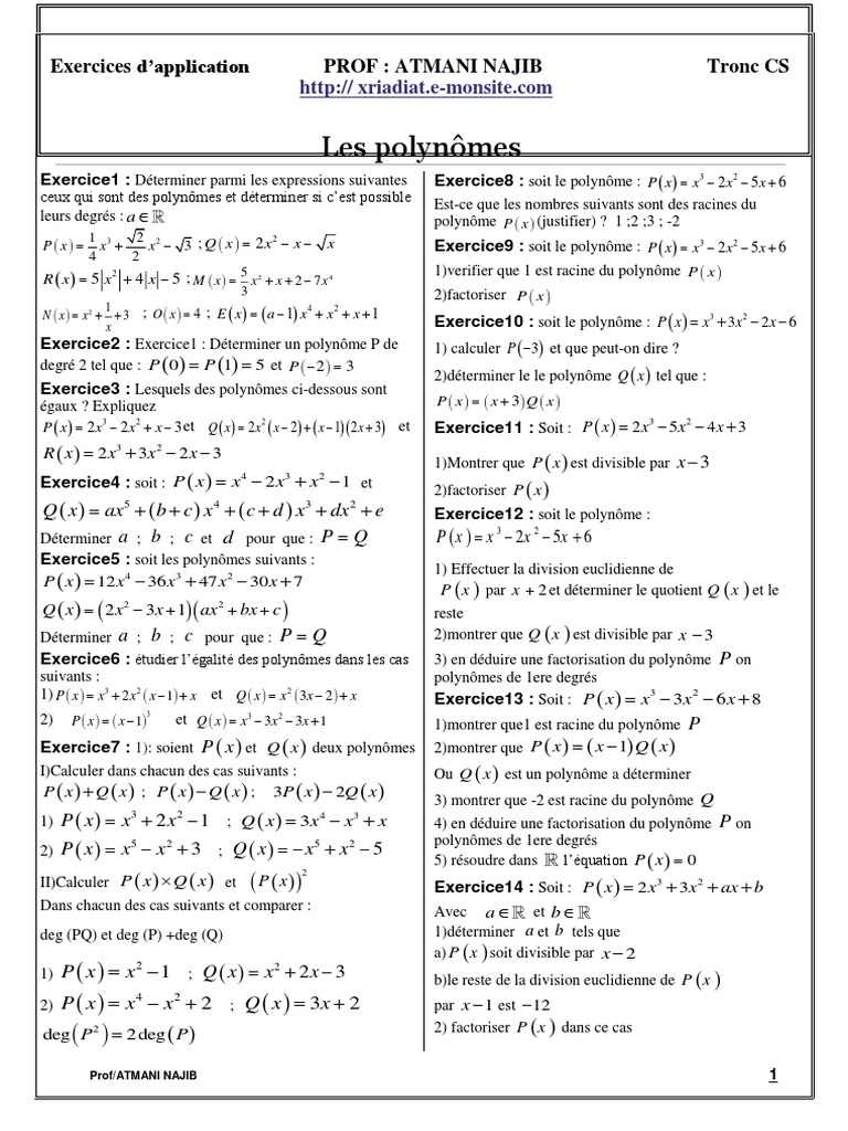 Les Polynomes Exercices Non Corriges 1 | PDF | Polynôme | Zéro d'une ...