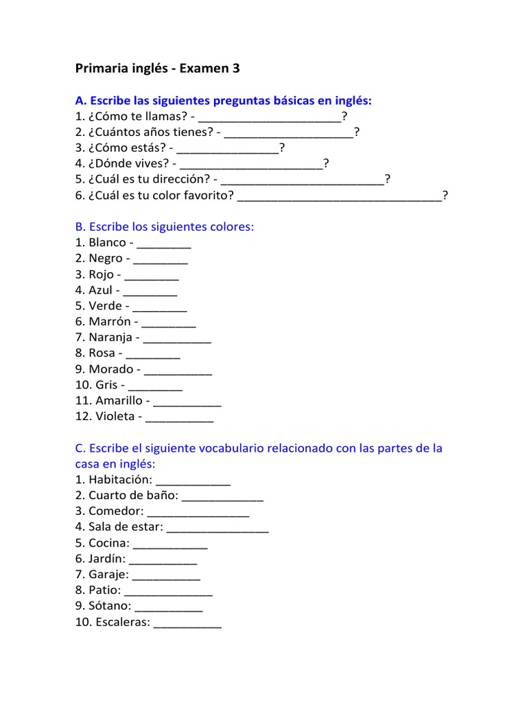 Examen de Inglés para 3º de Primaria | PDF