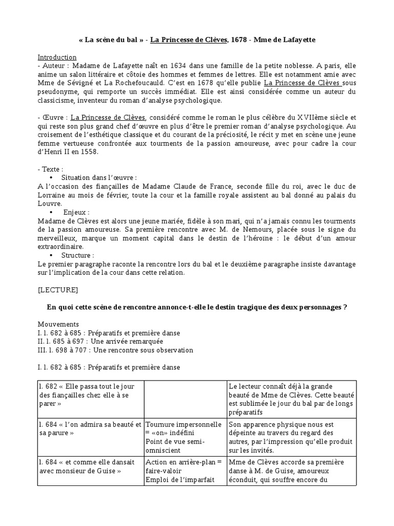 La Princesse De Clèves Le Bal Analyse Linéaire Scène Du Bal Princesse de Cleves | PDF