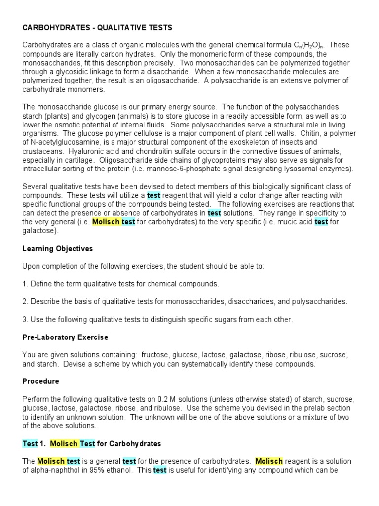 Qualitative Tests for Carbohydrates | PDF | Carbohydrates | Polysaccharide