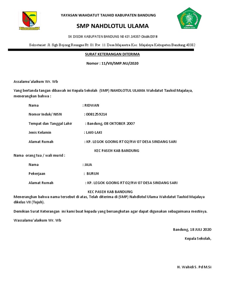 Contoh Surat Keterangan Diterima Di Sekolah WPS Office | PDF