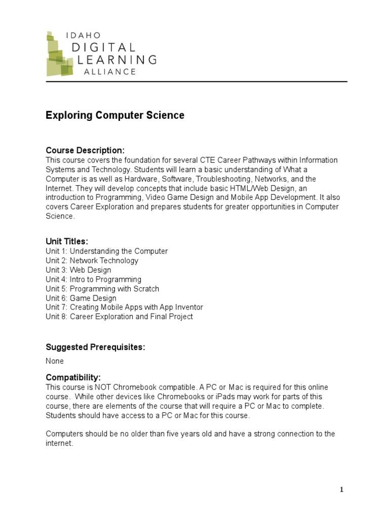 Exploring Computer Science Course Description PDF Application