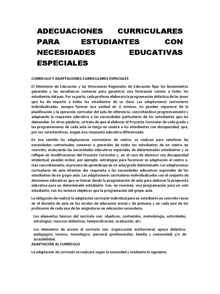 Adaptaciones Curriculares para NEE | PDF | Plan de estudios | Salón de ...