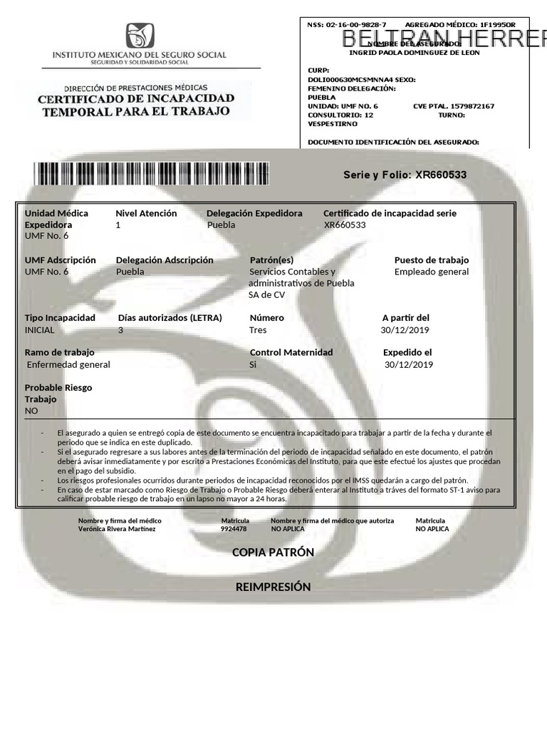 Certificado de Incapacidad por Maternidad | PDF | Cuidado de salud del ...
