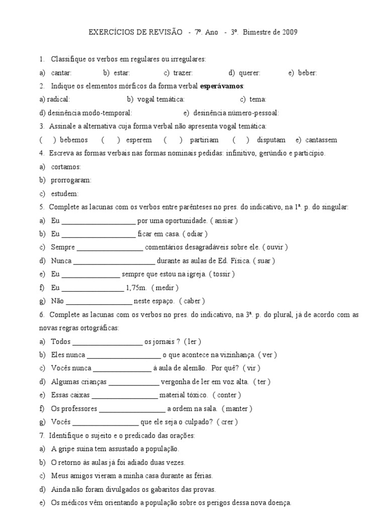 Exercícios de Revisão 7º (3), PDF, Assunto (gramática)