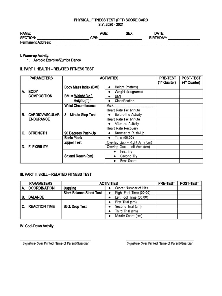 Physical Fitness Test Score Card 2021 | PDF | Body Mass Index ...