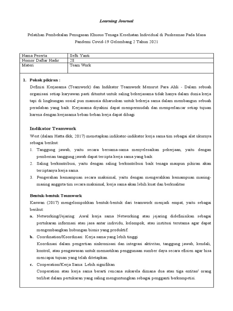 Learning Journal Team Work 28 6 Sefti Yanti Pdf